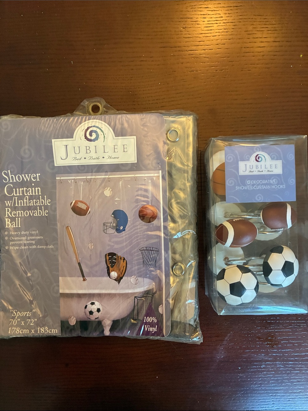 Vtg Jubilee Shower Curtain with Resin Hooks Bathroom Set Balls Sports Theme *NEW